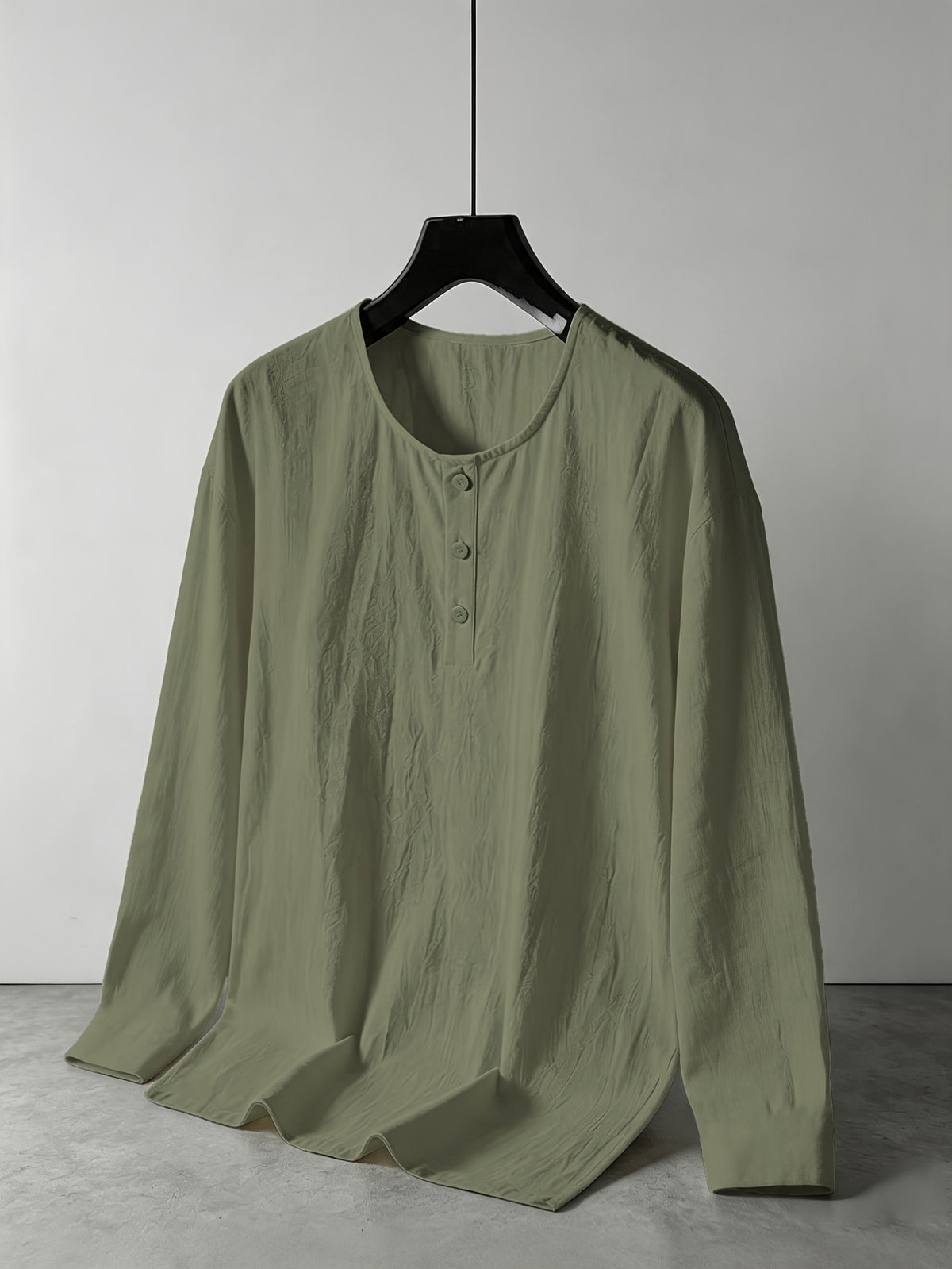 Men's Linen Henley Collar Long Sleeve Loose Fit Casual Vacation Top - Olive Green