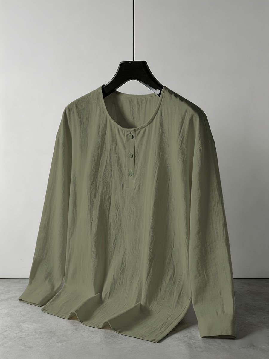 Men's Linen Henley Collar Long Sleeve Loose Fit Casual Vacation Top - Olive Green