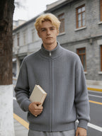 Men'S 950G Heavyweight Stand Collar Zipper Sweater, 58.1% Polyester 26% Acrylic 15.9% Nylon Pinstripe Thickened Knit Jacket, 2026 New Knit Jacket, Office, Commute, Streetwear Fall Winter Casual Wear - Grey