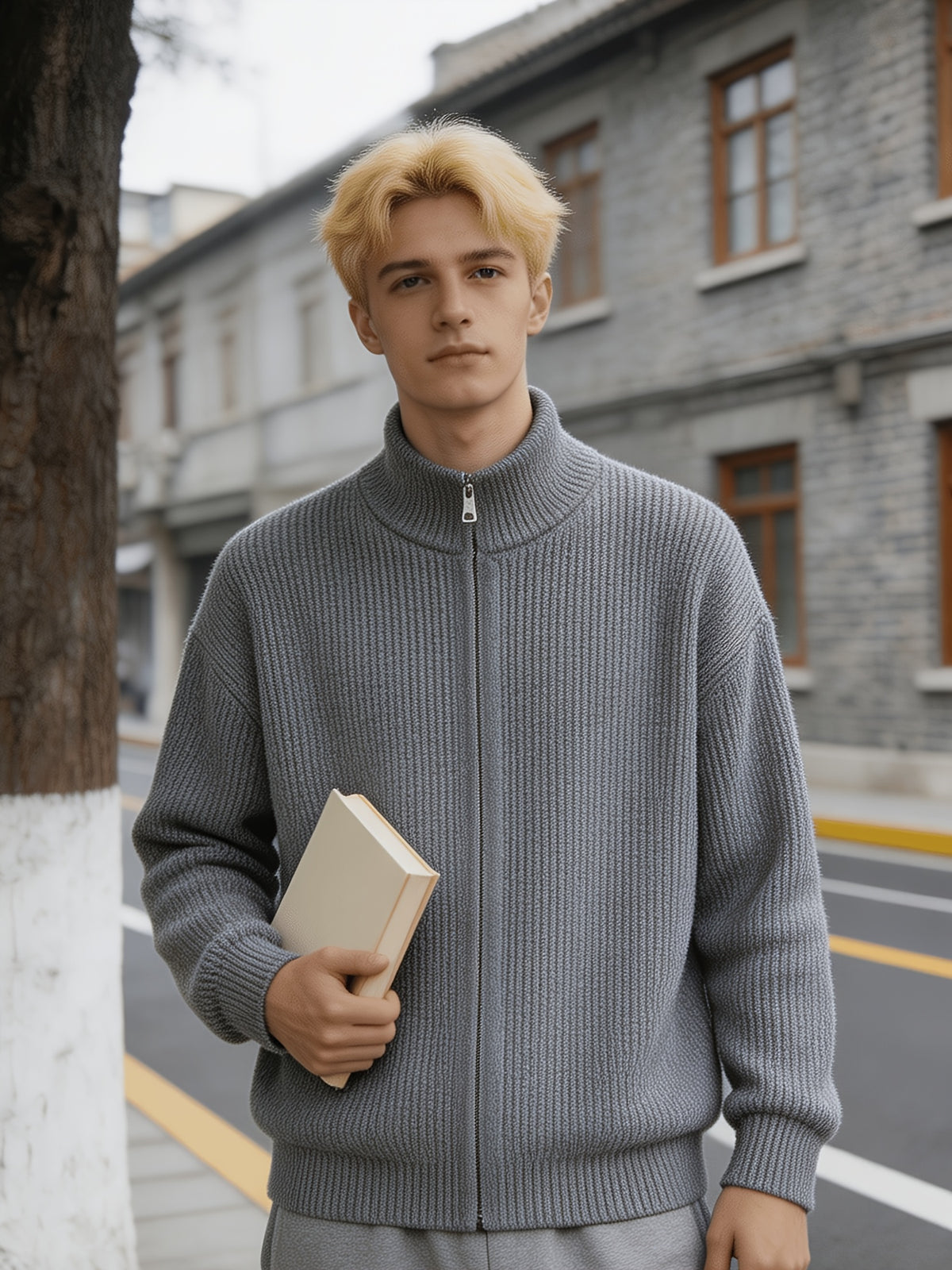 Men'S 950G Heavyweight Stand Collar Zipper Sweater, 58.1% Polyester 26% Acrylic 15.9% Nylon Pinstripe Thickened Knit Jacket, 2026 New Knit Jacket, Office, Commute, Streetwear Fall Winter Casual Wear - Grey