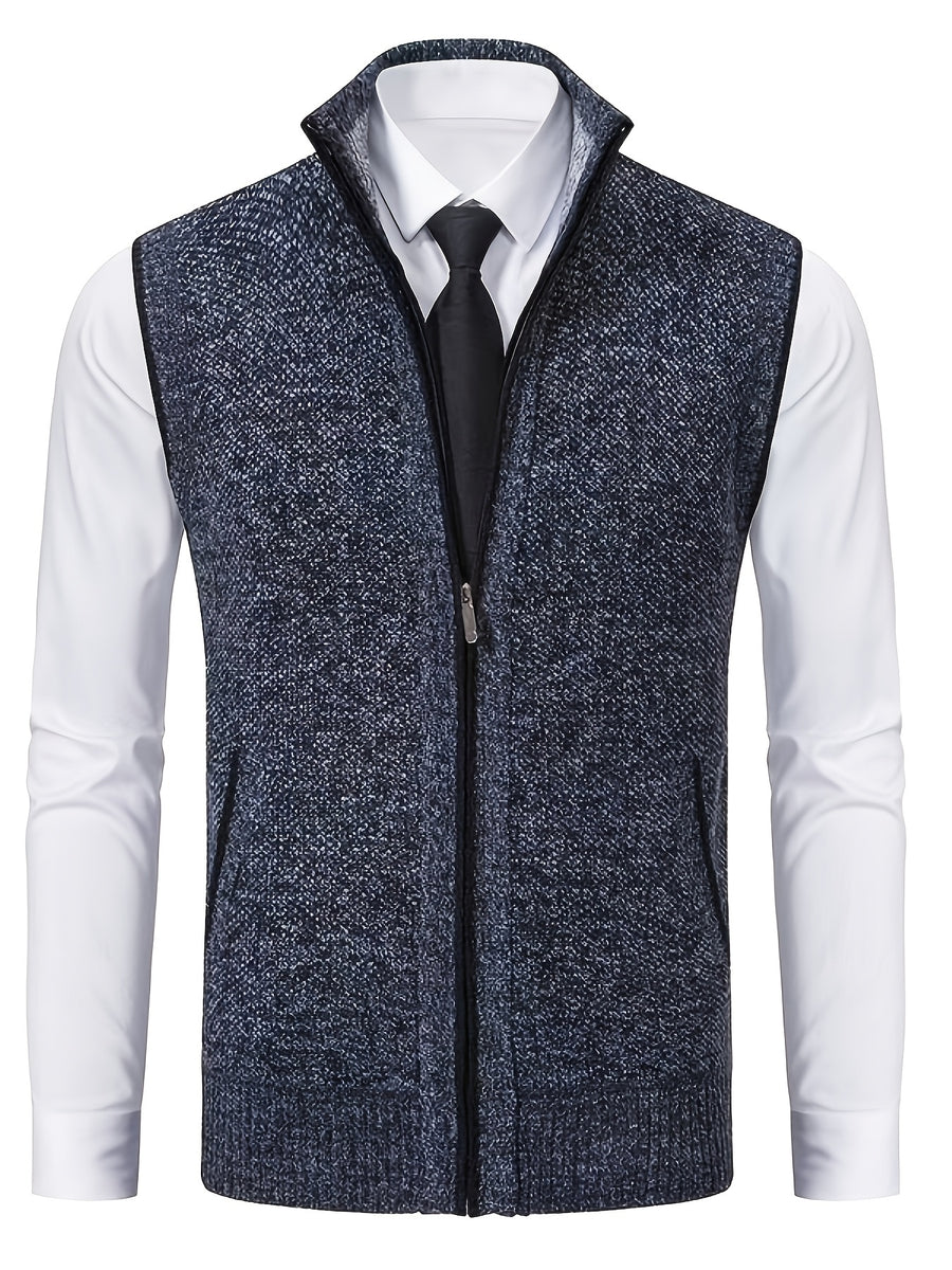 2pcs Set of Spring And Autumn Knit Sweaters, Zippered Cardigans with Real Pockets, Solid Color, Unisex Vests - E7015H+L