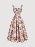 Vacation-style Oil Painting-inspired Floral Square Neck Spaghetti Strap Cinched Waist Maxi Dress with Full Skirt - Mixed colors