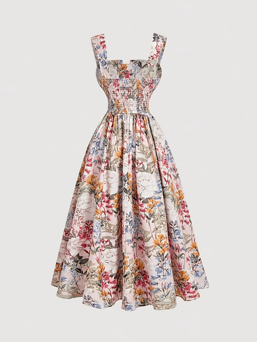 Vacation-style Oil Painting-inspired Floral Square Neck Spaghetti Strap Cinched Waist Maxi Dress with Full Skirt - Mixed colors