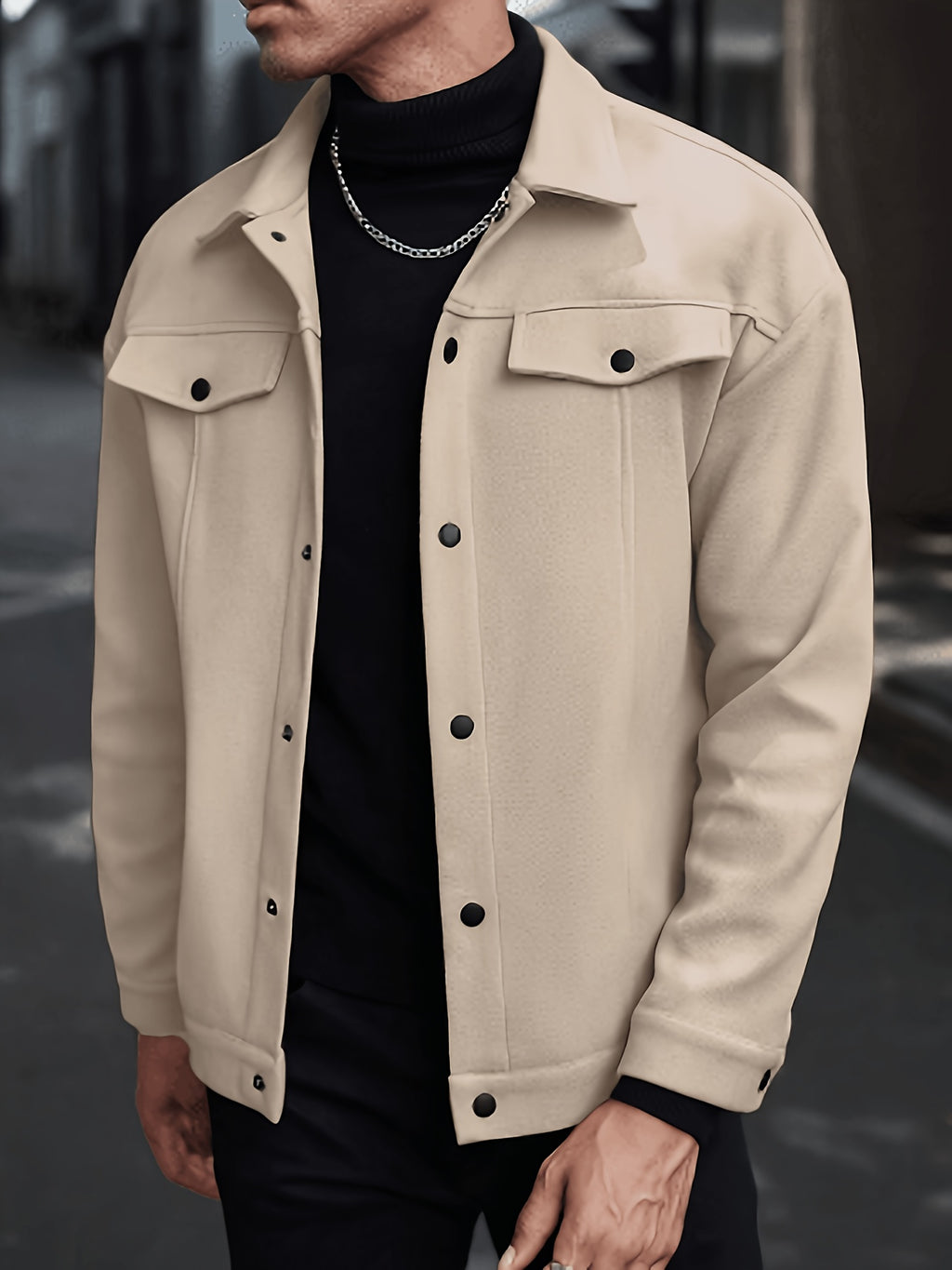 New Autumn/Winter Men's Lapel Tweed Shirt Jacket, Loose Fit with Double Patch Pockets, Single-Breasted Casual Workwear Outerwear, Versatile Top for Daily Commuting - Khaki
