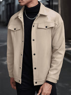 New Autumn/Winter Men's Lapel Tweed Shirt Jacket, Loose Fit with Double Patch Pockets, Single-Breasted Casual Workwear Outerwear, Versatile Top for Daily Commuting - Khaki