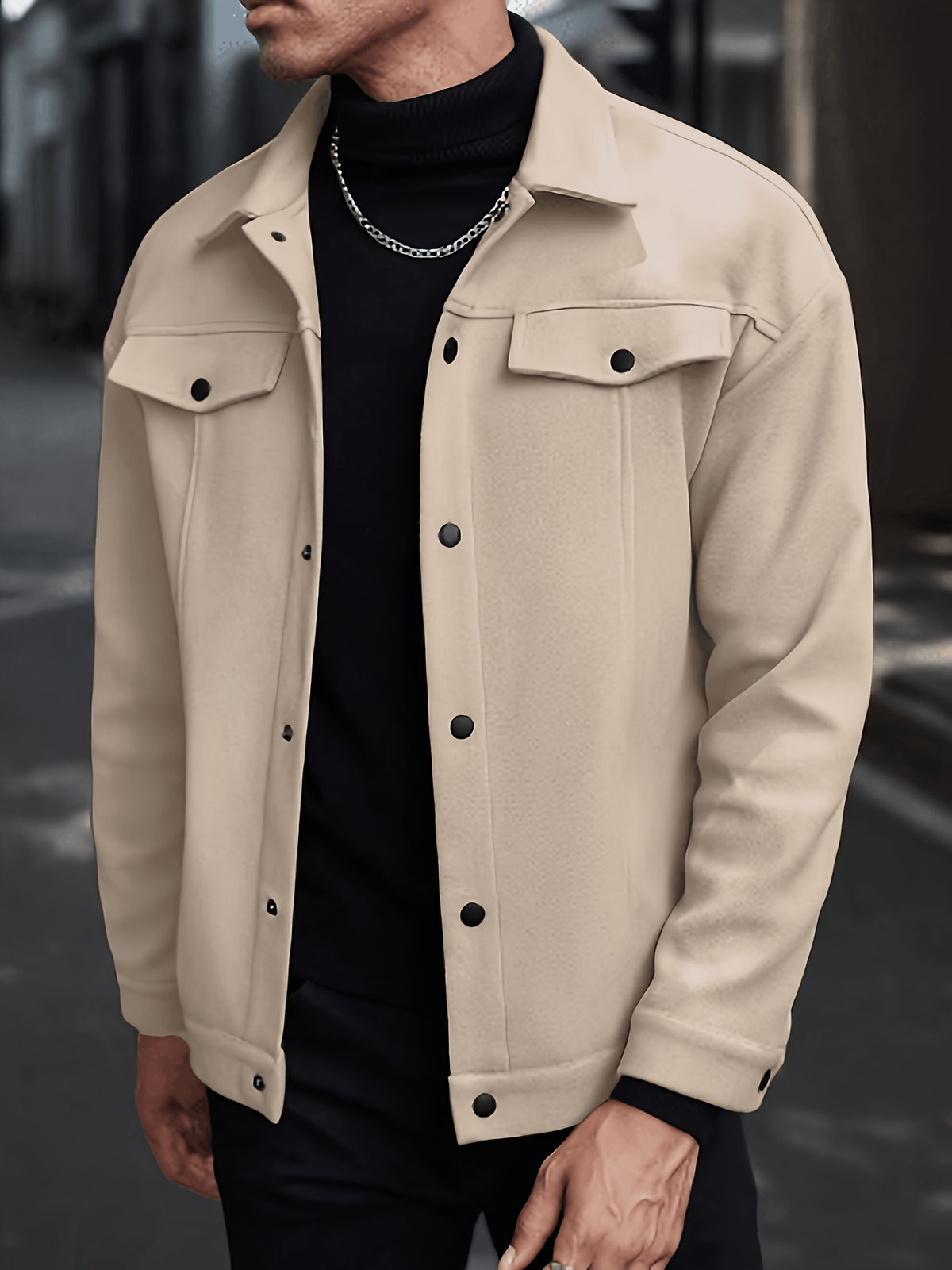 New Autumn/Winter Men's Lapel Tweed Shirt Jacket, Loose Fit with Double Patch Pockets, Single-Breasted Casual Workwear Outerwear, Versatile Top for Daily Commuting - Khaki