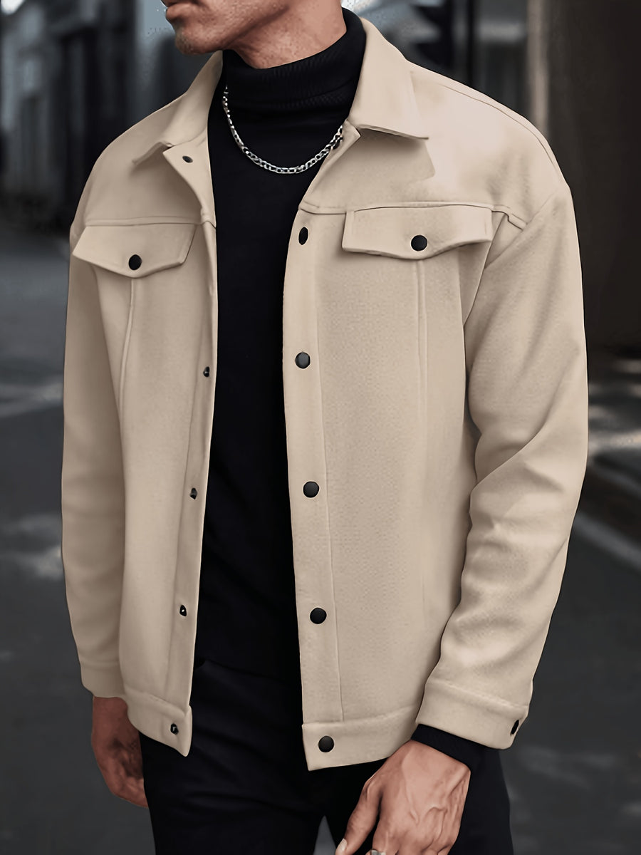 New Autumn/Winter Men's Lapel Tweed Shirt Jacket, Loose Fit with Double Patch Pockets, Single-Breasted Casual Workwear Outerwear, Versatile Top for Daily Commuting - Khaki