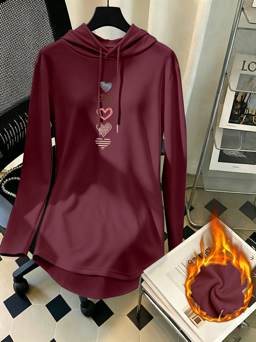 Women's Mid-Length Hooded Sweatshirt, Loose Fit, Hip-Covering, Heart Print, Drawstring Pullover Top - Burgundy