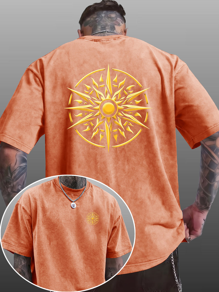 Men's Short-Sleeve T-Shirt, Pure Cotton Loose Fit Washed Distressed Top, Golden Compass Sun Pattern Trendy Reversible Double-Sided Print, Multiple Colors for Mix & Match, American Streetwear High Street Hip-Hop Style, for Daily Outings - Orange