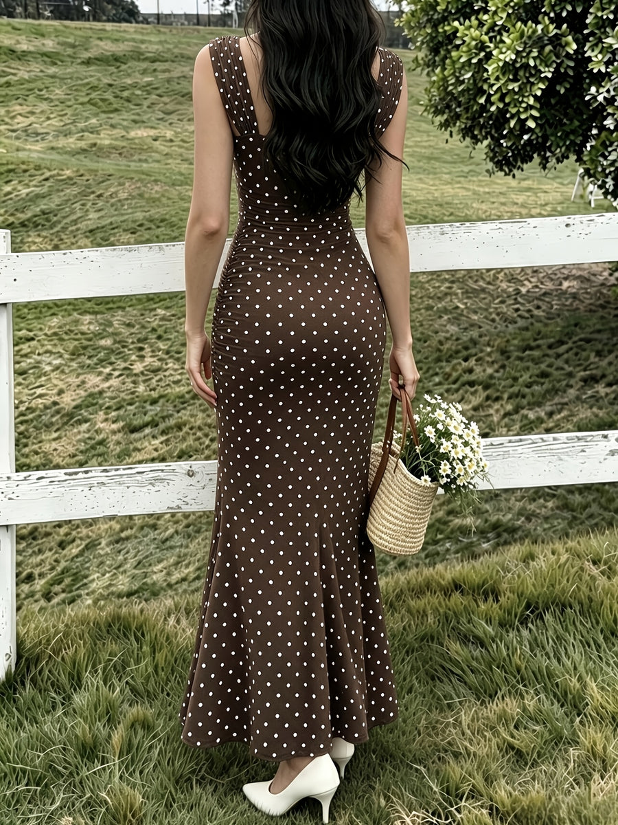 Elegant Women's Polka-dot Printed Maxi Dress with a Square Neckline, Body-hugging Mermaid Hem, and Thigh-high Slit Design - Dark Brown