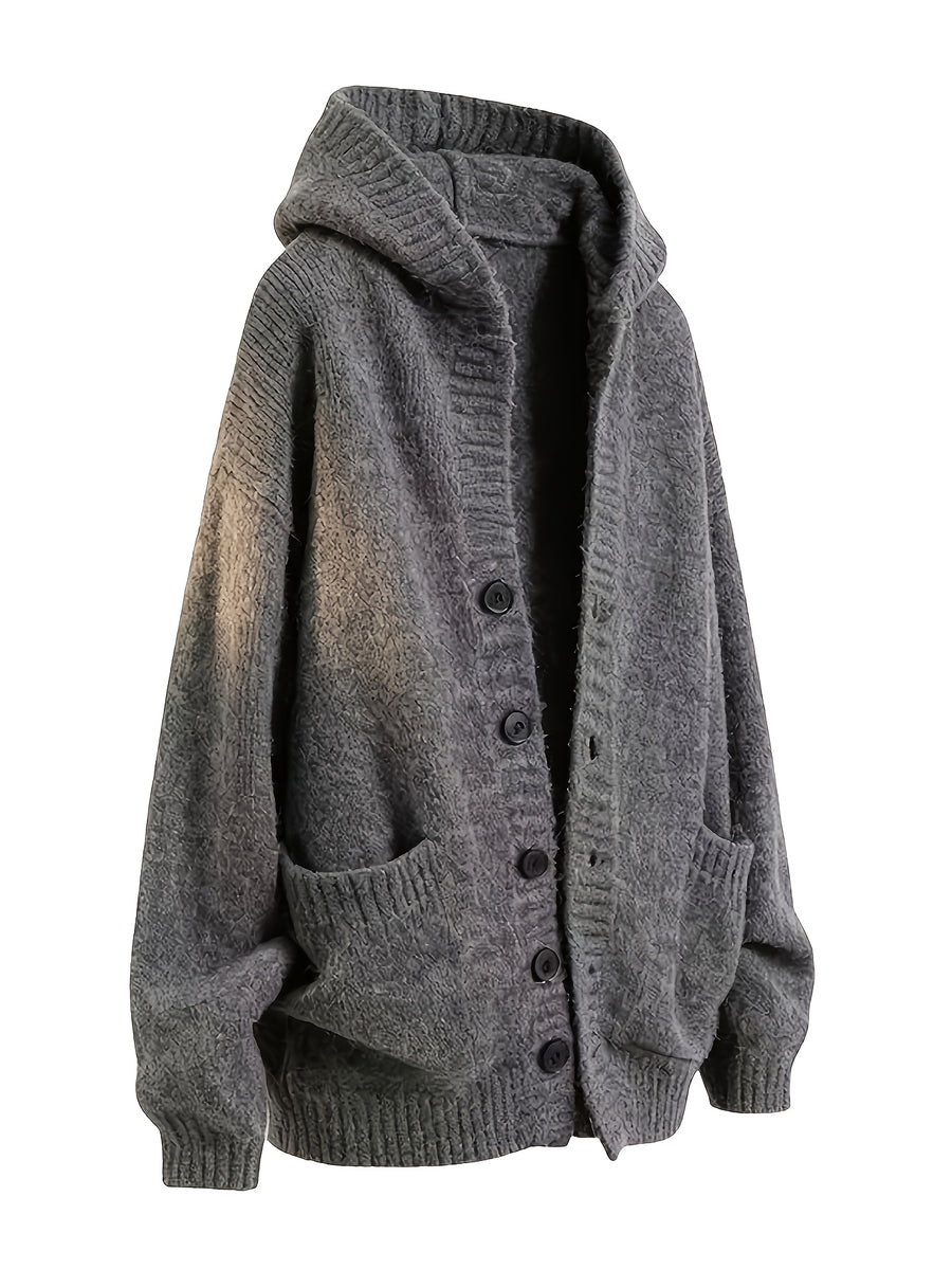 Retro Solid Color Single Button Hooded Cardigan Sweater, Loose Casual Style Versatile Outerwear Knit Top - Dark Gray