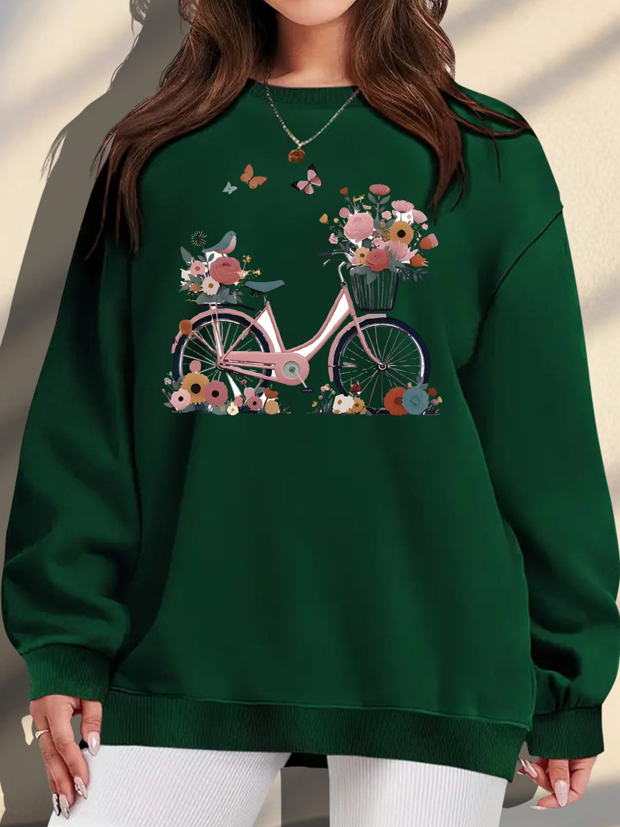 Plus Size, Extended Apparel: Women's Spring/Autumn/Winter Cross-Border European & American Plus-Size Simple Graphic Print Sweatshirt, Casual Crew Neck Sweatshirt, Women's Plus-Size Sweatshirt - Green