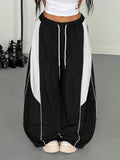 Y2K American Street Color-Block Patchwork Wide-Leg Sweatpants Women'S Elastic Drawstring Waisthead Line Decoration Knife Pants, Loose Drapey Floor-Length Casual Trousers, Street Hip-Hop All-Match Straight Long Pants for Daily Outings And Dancing - Mixed colors