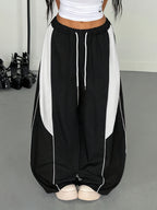 Y2K American Street Color-Block Patchwork Wide-Leg Sweatpants Women'S Elastic Drawstring Waisthead Line Decoration Knife Pants, Loose Drapey Floor-Length Casual Trousers, Street Hip-Hop All-Match Straight Long Pants for Daily Outings And Dancing - Mixed colors