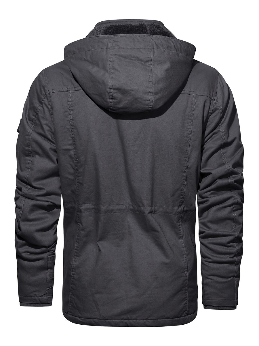 Men'S Winter Fleece-Lined Hooded Jacket - Thick Warm Insulated, Multiple Pockets, 100% Polyester Casual Coat, Machine Washable Regular Fit for Autumn/Winter Outdoor Wear, Winter Outerwear - Dark Gray