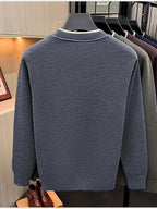 Men'S Round Neck Knit Sweater, Gray Contrast Trimmed Collar Long Sleeve, Light Business Style, Regular Fit for Fall/Winter, Suitable for Layering And Casual Outings - Deep Gray