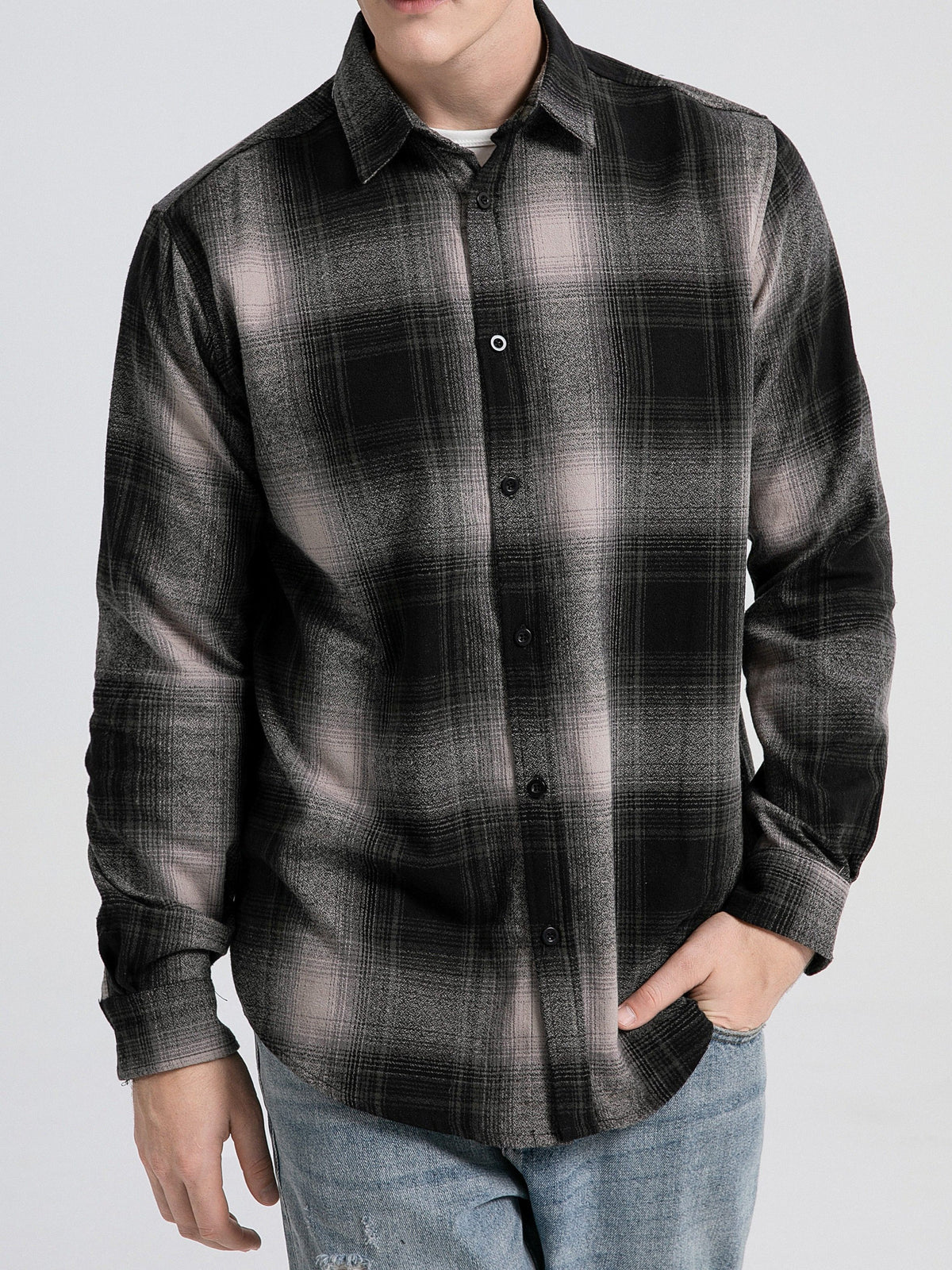 Flannel Plaid Shirt - Gray-black