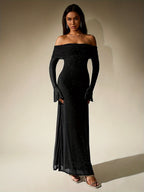 PARTHEA NewAsia Women's Bell Sleeve Off Shoulder Sequin Long Dress Backless Double Layer Club Party Sparkling Mesh Maxi Dresses Brown - Black