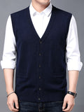 Autumn Winter Men'S Knit Cardigan Vest Men'S Casual Solid Color Pocketed Knit Vest Men'S V-Neck Open Front Sleeveless Sweater - Navy Color