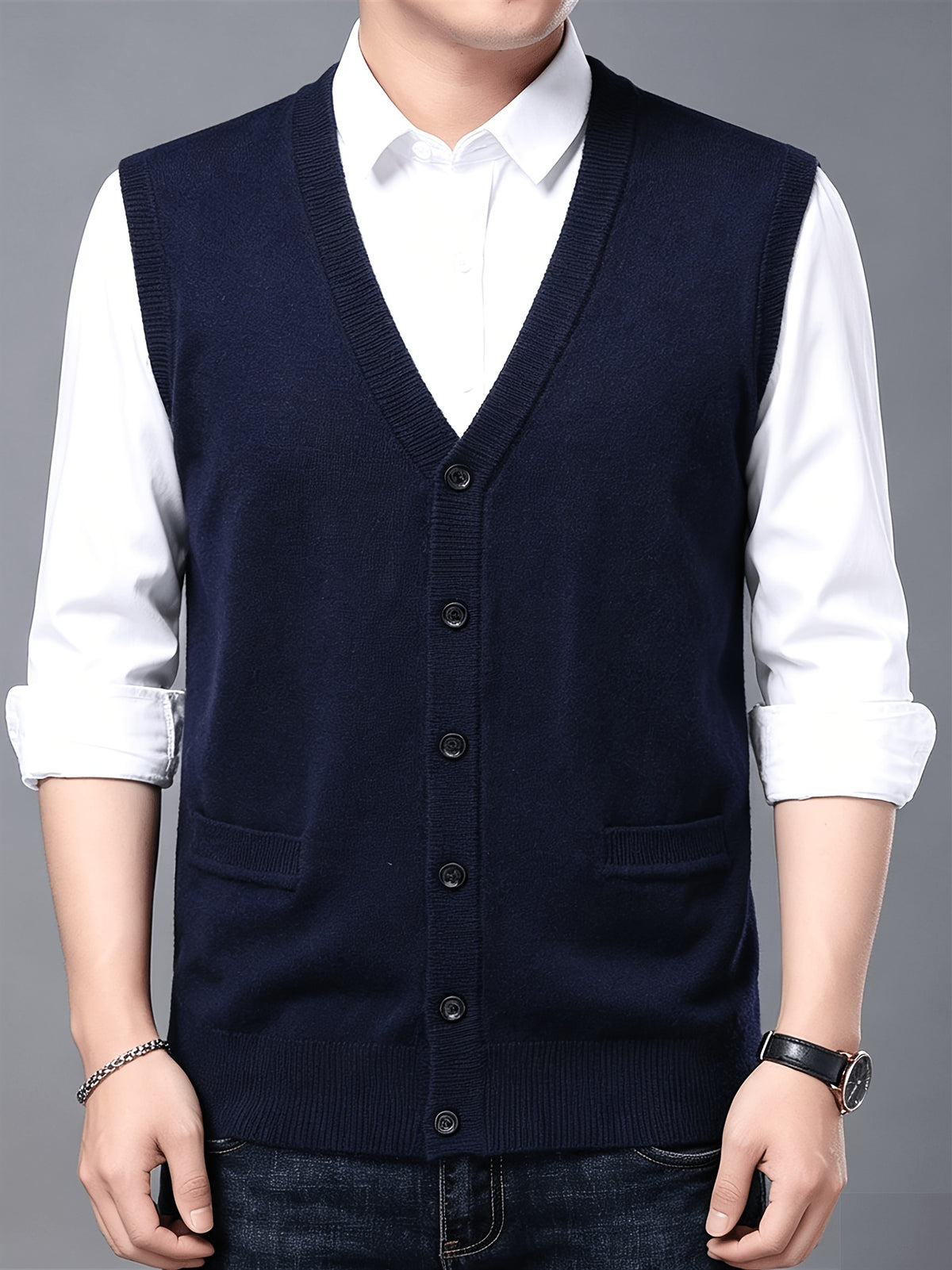 Autumn Winter Men'S Knit Cardigan Vest Men'S Casual Solid Color Pocketed Knit Vest Men'S V-Neck Open Front Sleeveless Sweater - Navy Color