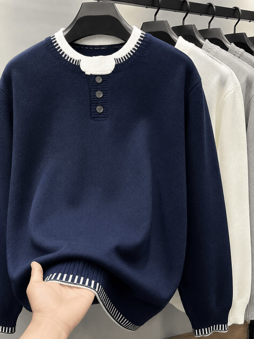 Men's and Women's Casual Sweater, Trendy Versatile Winter Henley Collar 2-in-1 Look Knit Top and Inner Base Layer, JKXN-1171 - Navy Color