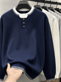 Men's and Women's Casual Sweater, Trendy Versatile Winter Henley Collar 2-in-1 Look Knit Top and Inner Base Layer, JKXN-1171 - Navy Color