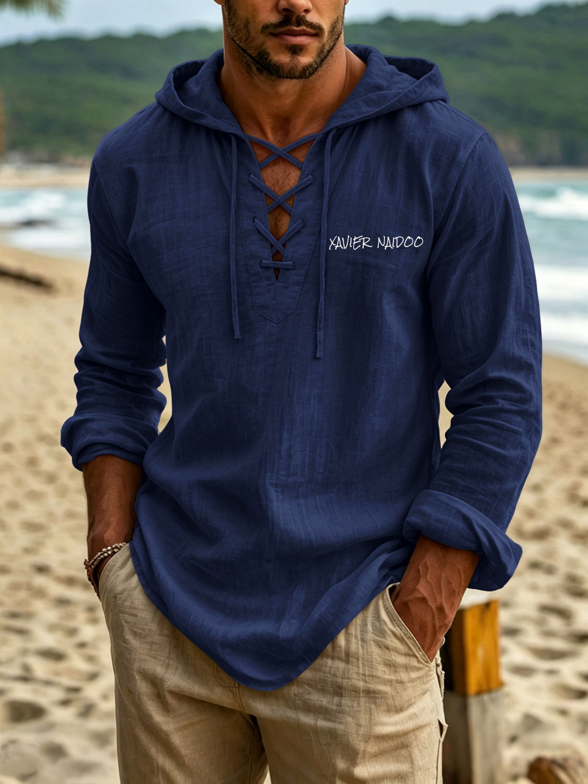 Minimalist Light Luxury Men's Linen Hooded Long-sleeve Garment. The Smooth Handwritten Letter Print on the Front Chest Enhances the Overall Style, While the Crisscross Tie-strap Construction Creates a Distinctive Neckline. The Long-sleeve Hooded - Navy Color