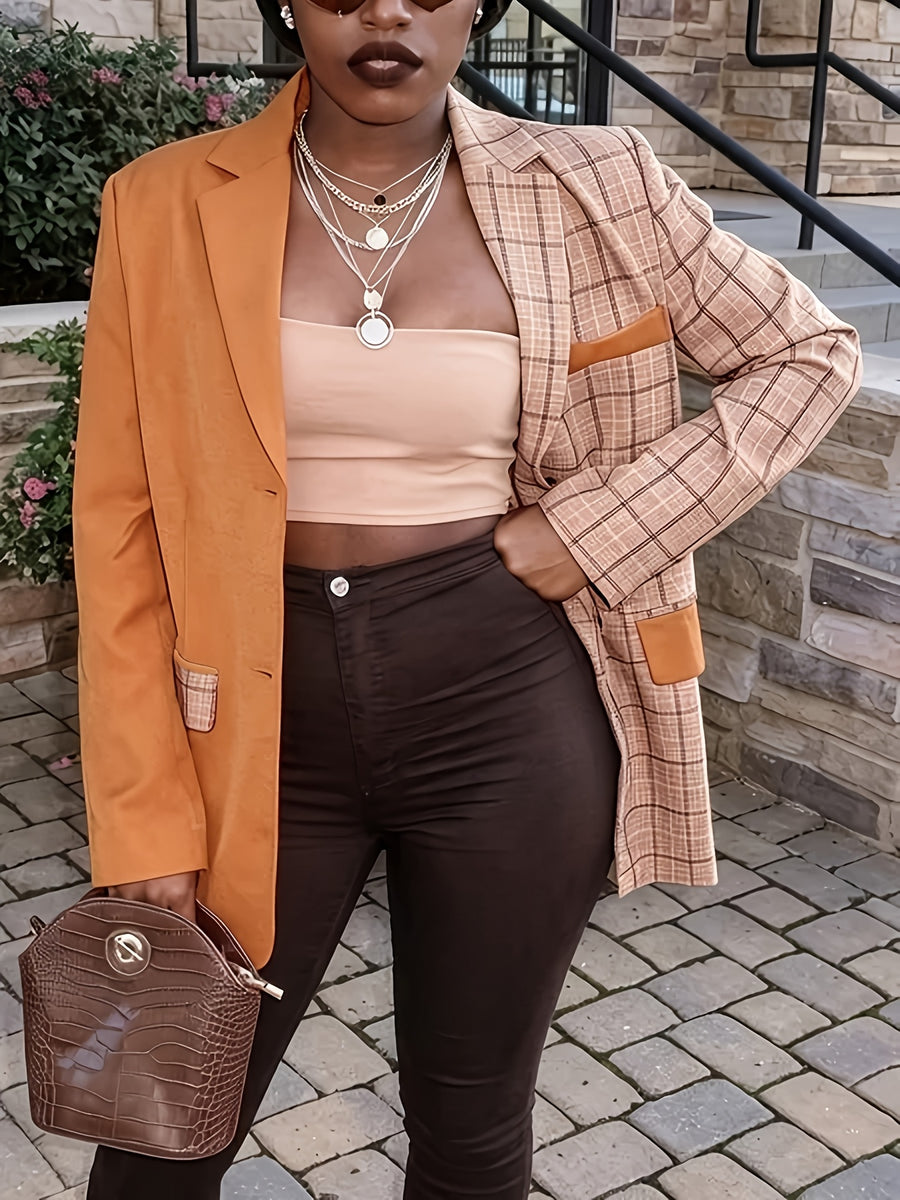 Urban Printed Plaid Lapel Suit Jacket, Color-Block Checkered Casual Suit Coat for Women, Lapel Loose Long Sleeve Commuter Cardigan Suit Top - Mixed colors