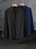 Early Spring/Autumn Value Two-Pack Thin Trendy Men's Long-Sleeve Striped Shirt, Versatile Fashion Casual Business High-End Outerwear Shirt - Black+Blue