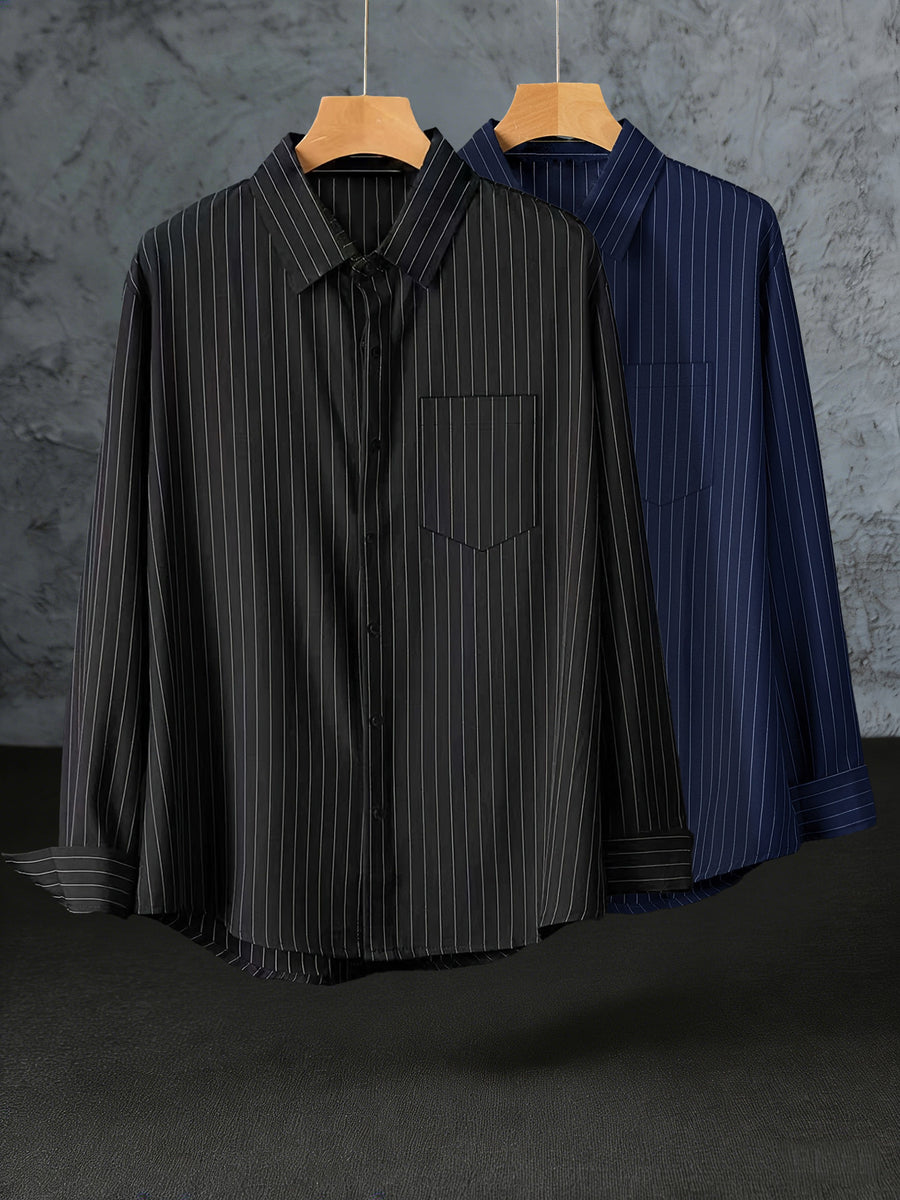 Early Spring/Autumn Value Two-Pack Thin Trendy Men's Long-Sleeve Striped Shirt, Versatile Fashion Casual Business High-End Outerwear Shirt - Black+Blue