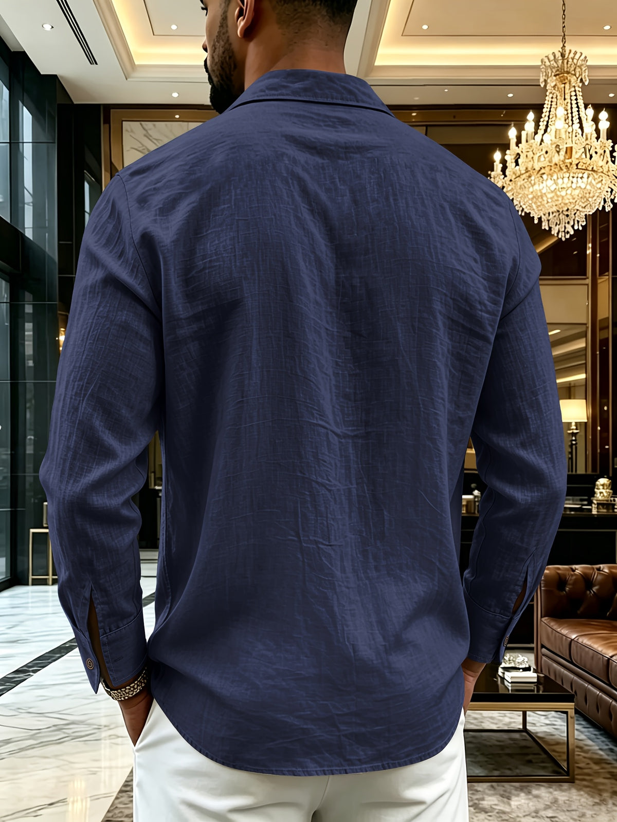Men's Henley Shirt in Linen with Long Sleeves, Featuring Comfortable and Breathable Fabric with Trendy Printed Designs. Suitable for Daily Outings, Outdoor Sports, Travel, and Vacations. Lightweight and Breathable with a Regular Fit, Chest Pocket - Navy Color
