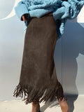 The Elegant Velvet Fringe Midi Skirt Is Stylish, Vintage, Versatile, And Suitable for Casual Wear in All Seasons - Coffee Brown