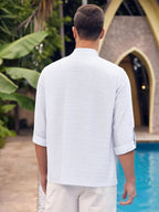 Men'S Fashion New Spring And Autumn Tops Featuring a Stand Collar Henley Shirt, with a Half-Open Single Row of Buttons, Perfect for Outdoor Beach Wear - White