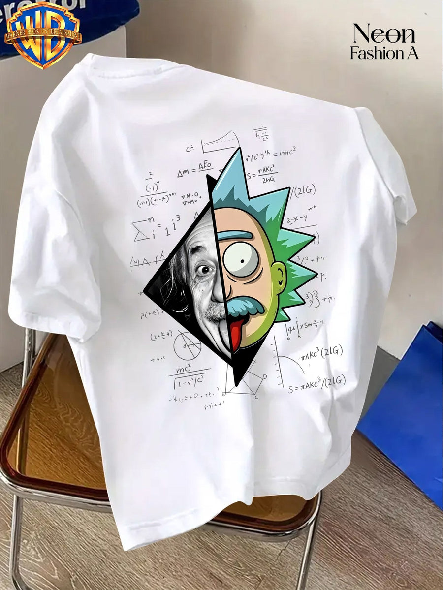 Warner Licensed Unisex Short Sleeve T-Shirt Casual Commute Shopping Classic Science And Anime Creative Patchwork Artistic Print Round Neck Pullover Summer Comfortable Breathable Trendy Top - White