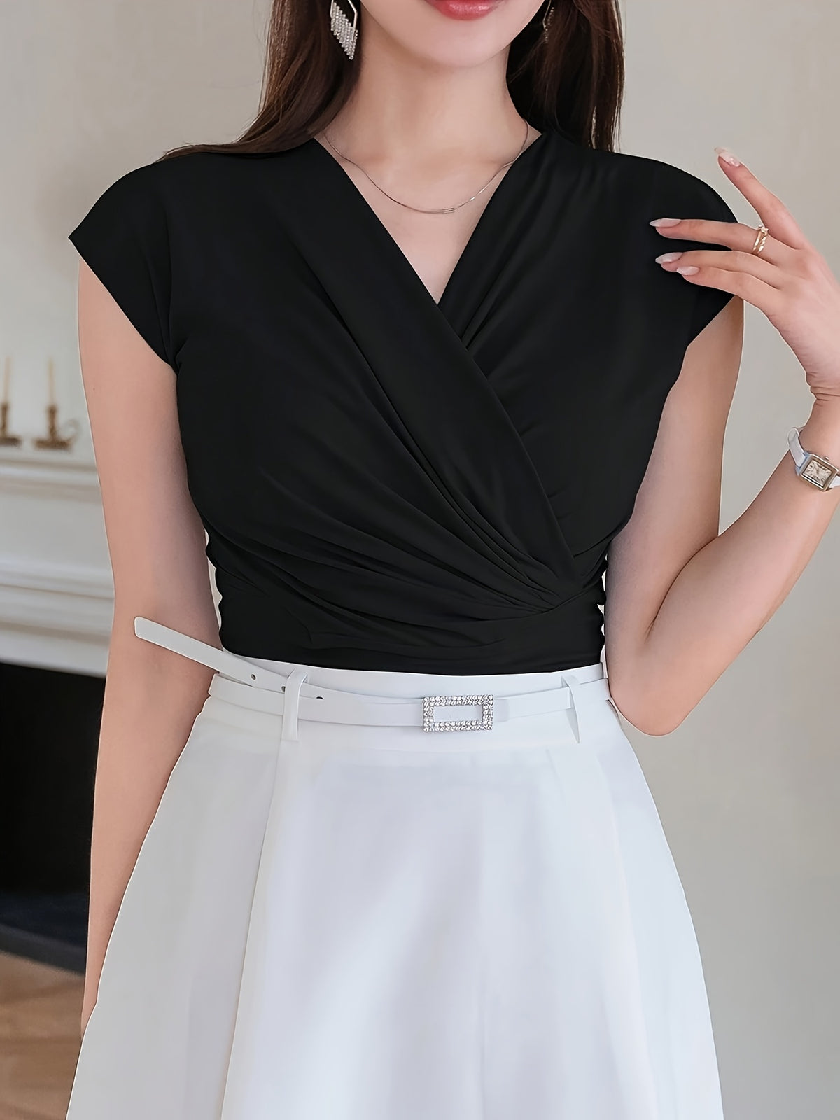 Women'S Solid Color V-Neck Twist Ruched Fitted Batwing T-Shirt, Elegant Office Business Casual Top, Summer Wear - Black