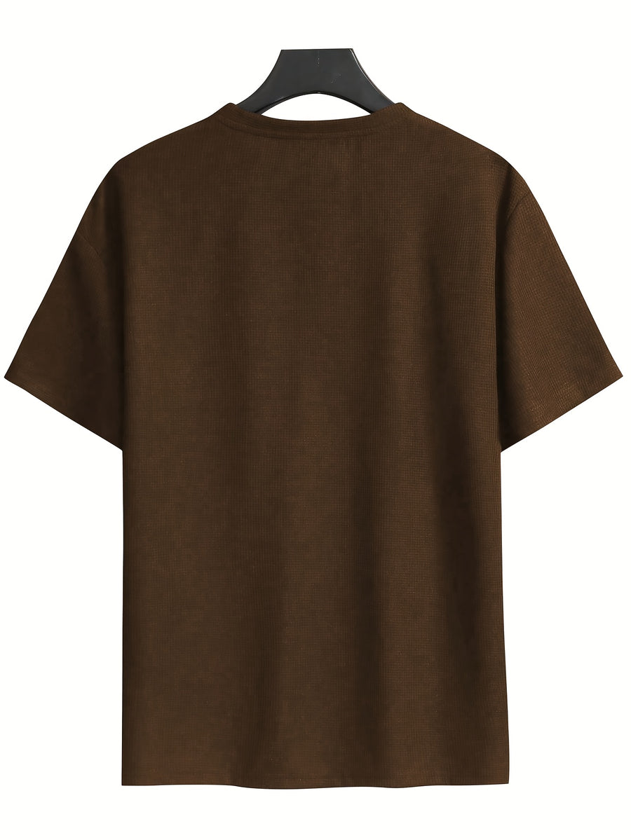 Men's Waffle-Knit Short Sleeve T-Shirt - Breathable Base Layer & Casual Round Neck Pocket Tee, Solid Color Suitable for Gym, Casual Attire, Machine Washable, Spring/Summer Layering Shirt, High-Fit Rate for Lifestyles - Brown + Brown