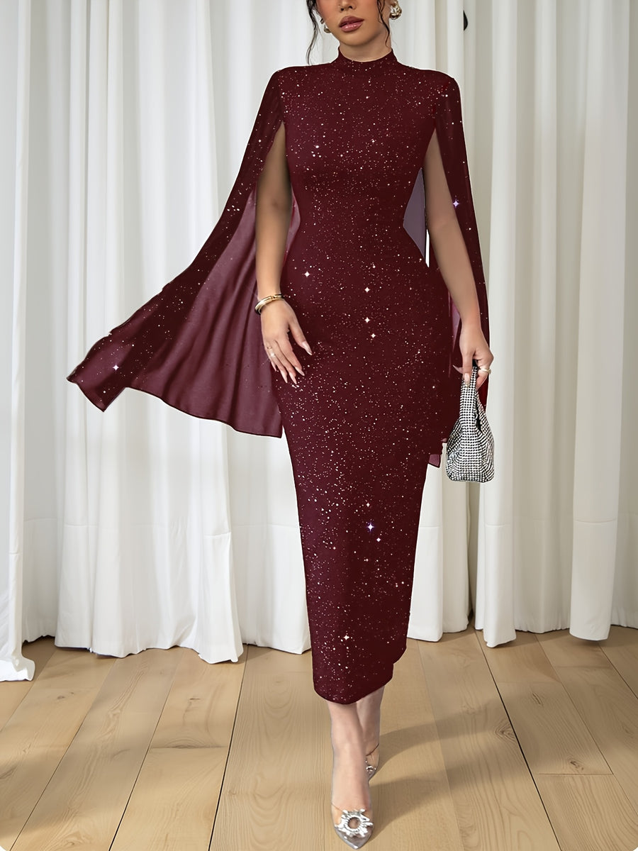 Women's Elegant Slim-Fit Shining Patchwork Dress with Starry Sky Print & Slit Sleeves - Mid-Length Pencil Dress, Stand Collar, Machine Washable for Weddings, Parties, Business Events - Year-Round Wear - Burgundy