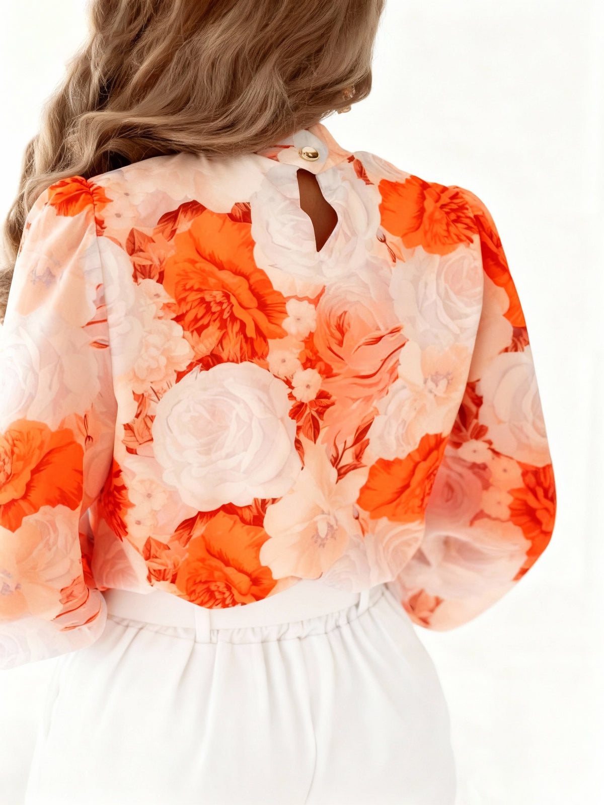 Elegant Women'S Chiffon Printed Long-Sleeved Shirt with Lining, Colorful Floral Patterns Combined with Metal Buckles, Classic Wrap Neckline Design, Exquisite Cuffs Are Eye-Catching, Suitable for Daily Fashion Wear, Vacation And Leisure - Orange-Red