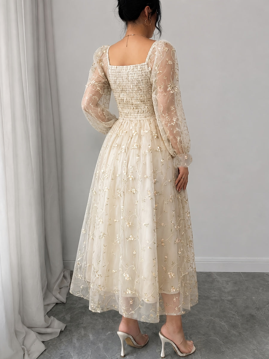 Directional Elegant Women'S Clothing Mesh Embroidered Solid Color Long Sleeve Dress - Apricot