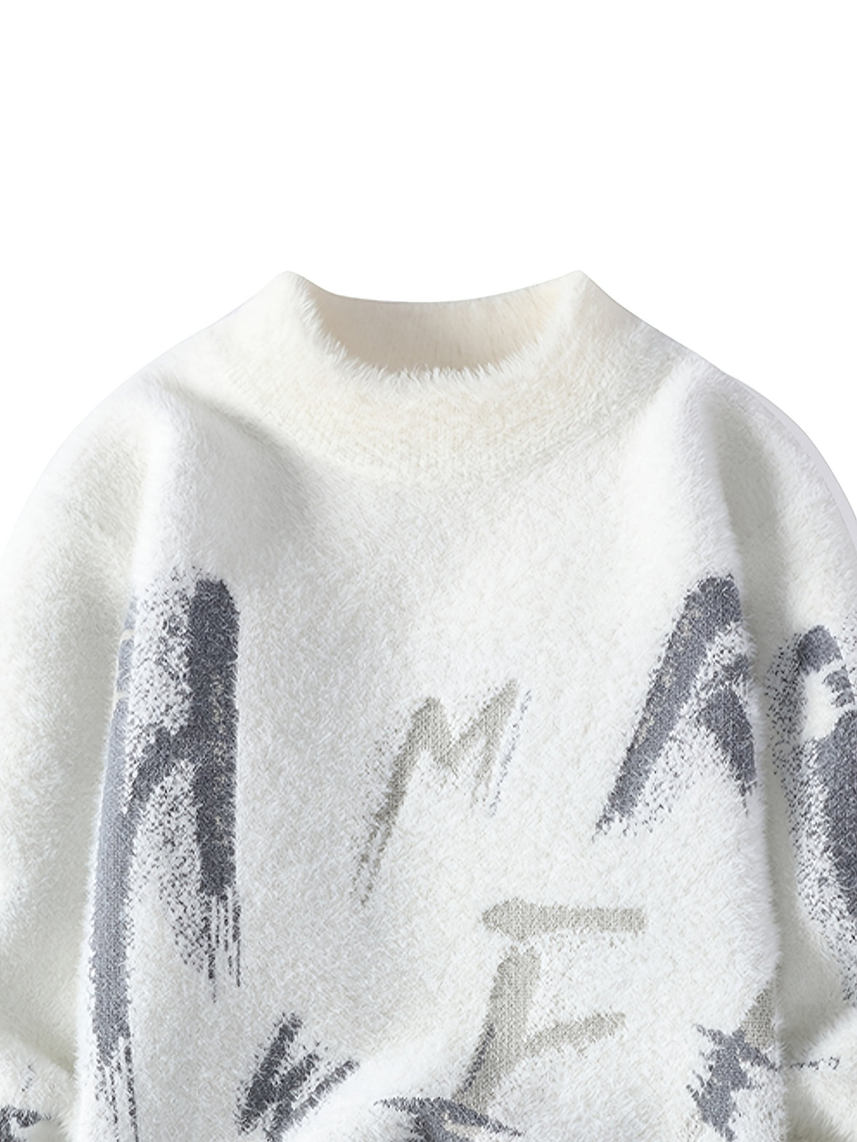 2026 Autumn and Winter New Retro Lazy Style Youth Men's Round Neck Knitted Sweater Sweater Letter Jacquard Fashionable Top - White
