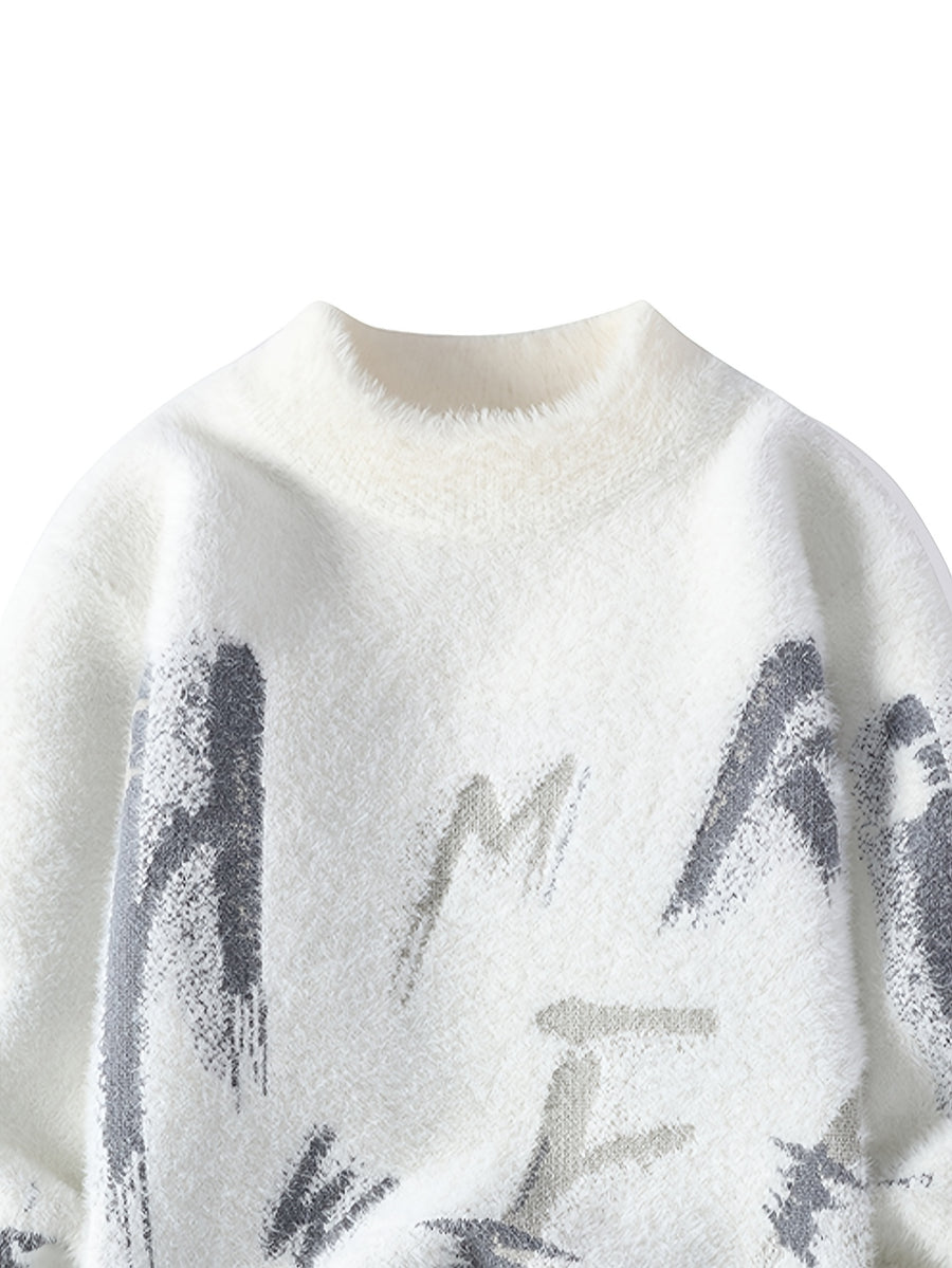 2026 Autumn and Winter New Retro Lazy Style Youth Men's Round Neck Knitted Sweater Sweater Letter Jacquard Fashionable Top - White