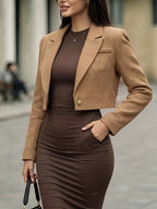 Textured Solid Short Blazer, Lapel Golden Button Fitted Short Commuter Suit Top, Professional Office Commute Short Blazer, Suitable for High-Waist Pants/Elegant Outfit 29A13338 - Linen
