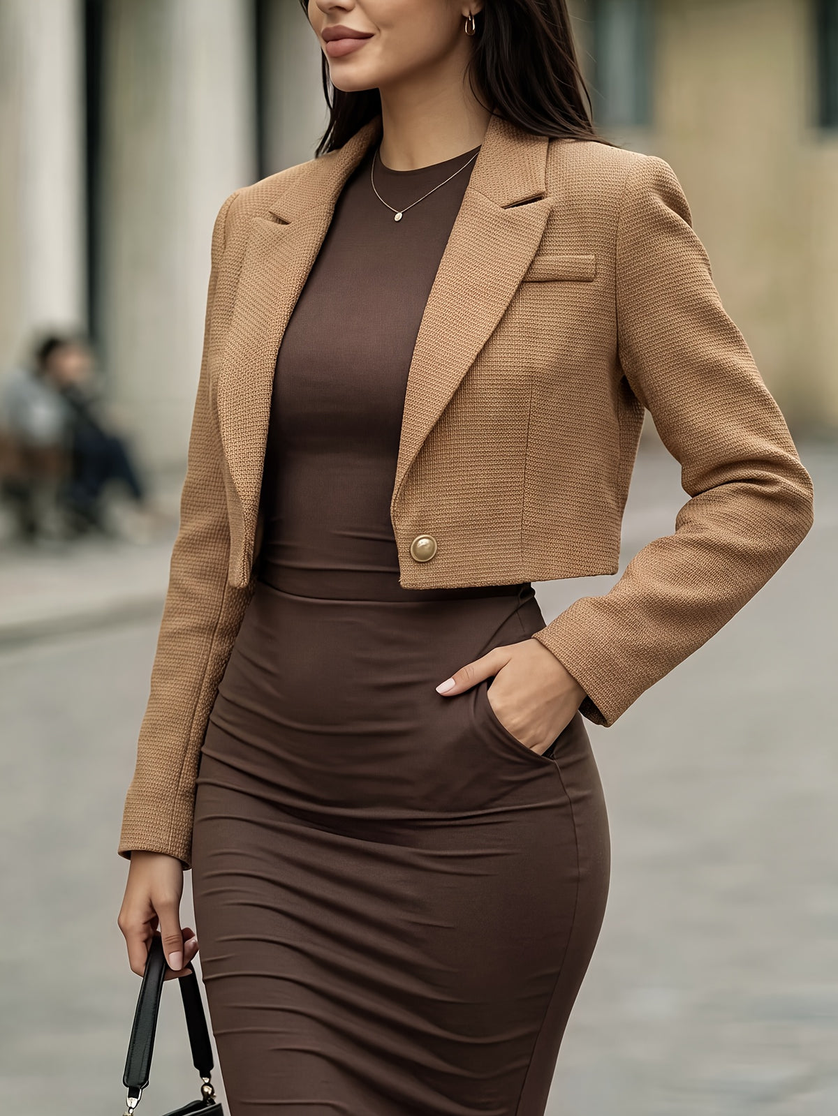 Textured Solid Short Blazer, Lapel Golden Button Fitted Short Commuter Suit Top, Professional Office Commute Short Blazer, Suitable for High-Waist Pants/Elegant Outfit 29A13338 - Linen