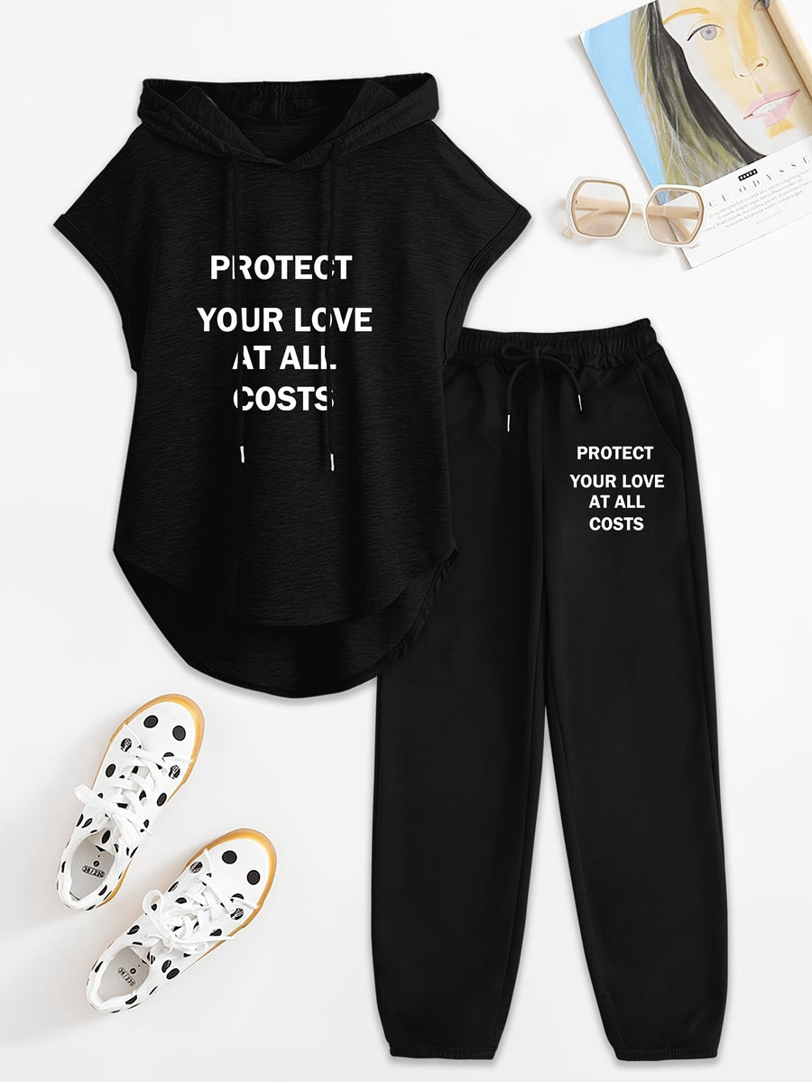 Women'S Two-Piece Drawstring Sleeveless Hooded Top And Summer Letter Print Pants, Elastic Waist Casual Pants, Pants Set - Black