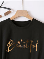 Spring Summer Easy Round Neck Fashion Loose Versatile Casual Short Sleeve T-Shirt Heart Letter Women'S Top Pattern - Black