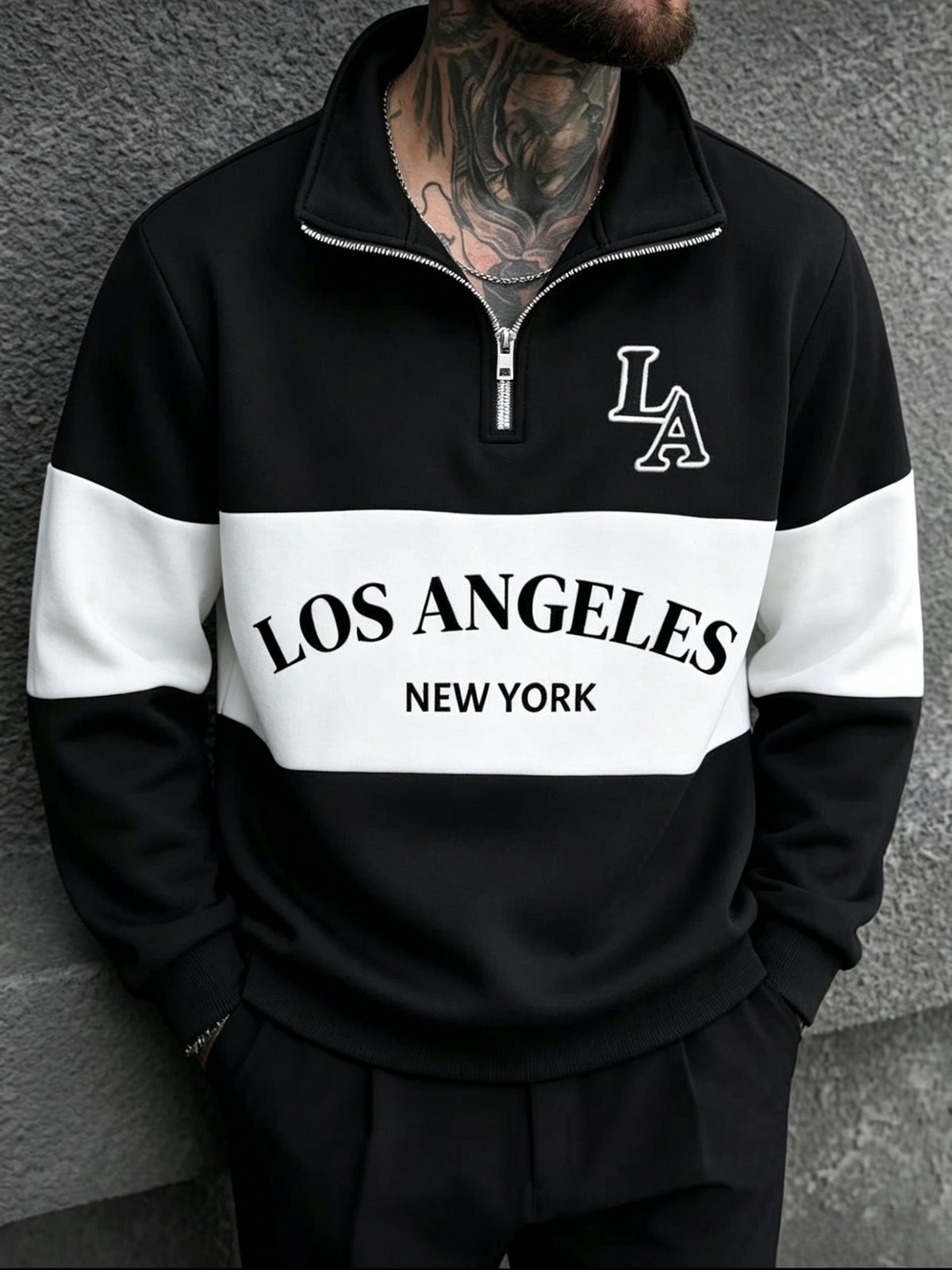 [Shule Water OBM] Spring Men'S Color-Block Letter Print Half-Zip Sweatshirt - Black