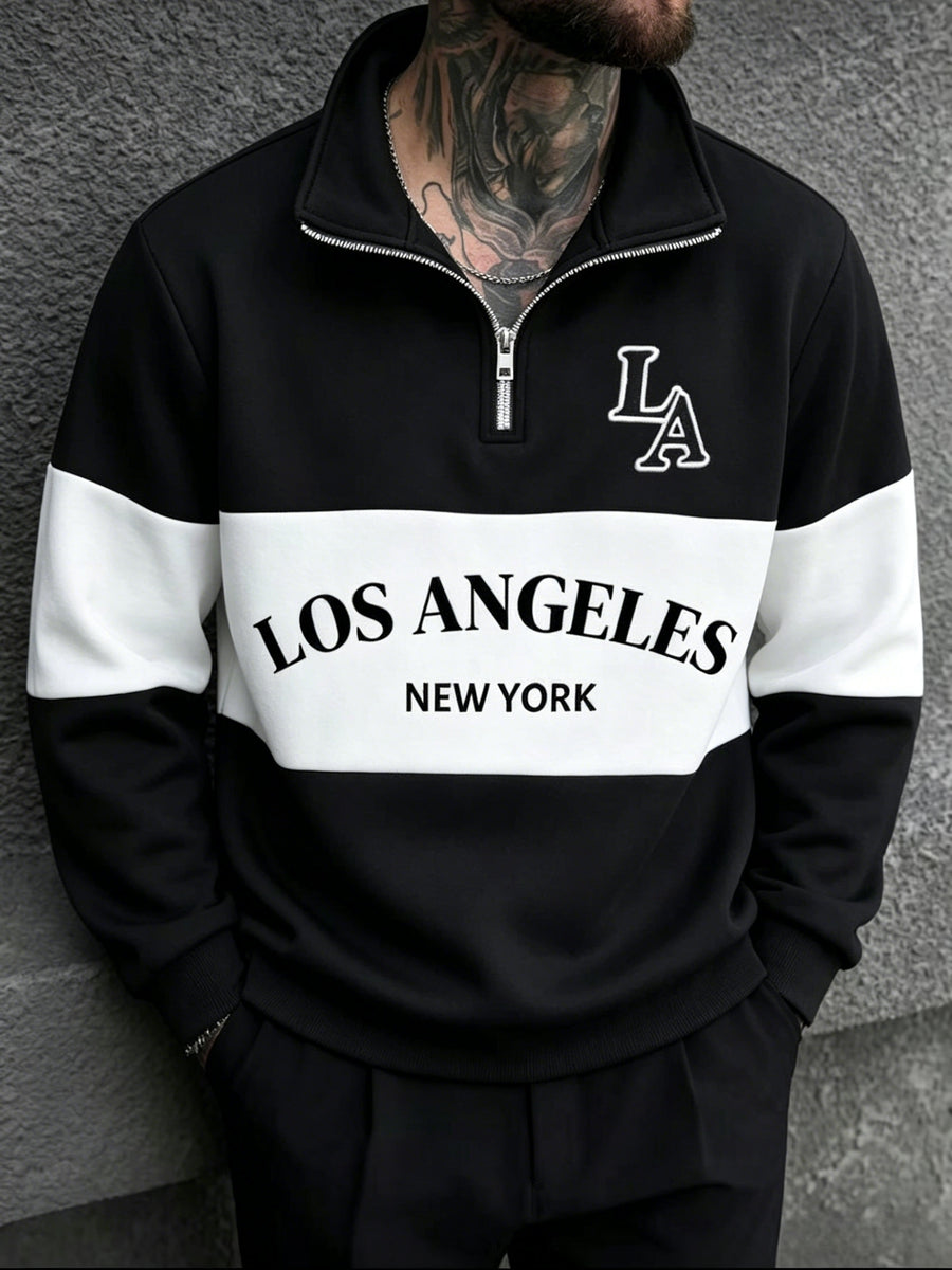 [Shule Water OBM] Spring Men'S Color-Block Letter Print Half-Zip Sweatshirt - Black