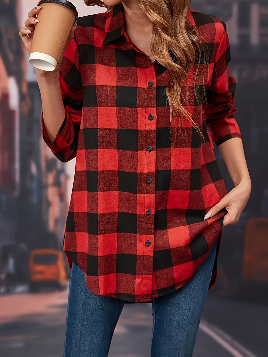 A Loose-Fitting Long-Sleeve Shirt for Women with Red Checkered Patterns And Front Buttons, Perfect for Casual Wear - Red