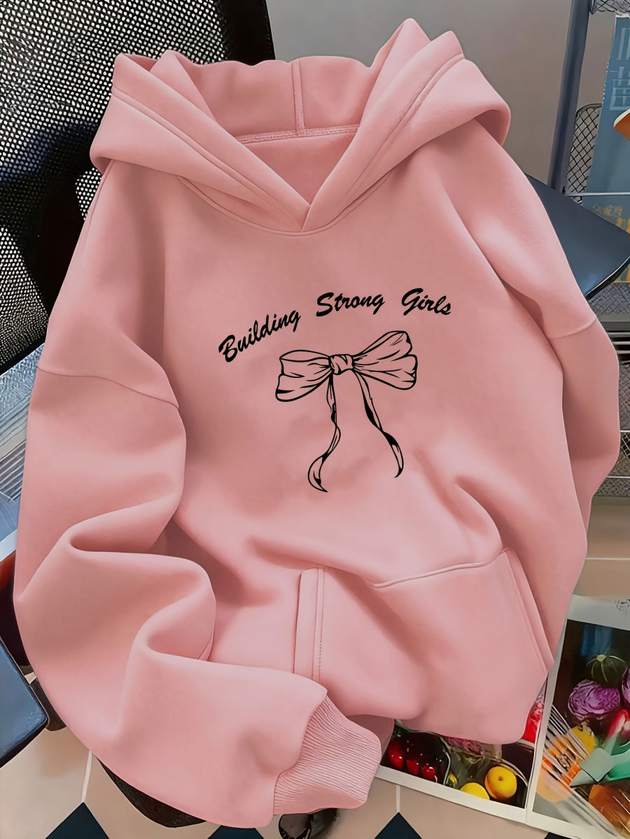 Women's Oversized Hooded Sweatshirt with Bow & Letter ' Print - Cozy Loose-Fit Sweater, Medium-Stretch Fabric, Machine Washable, Spring/Autumn Casual Wear (Year-Round) - Bow & Letter ' Design for Layering, Loose Sweater - Pink Color