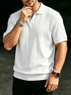 Men's Summer Jacquard Ribbed Lapel Short-Sleeve T-Shirt, Simple Casual Breathable Business Versatile Knitted Polo Shirt - White